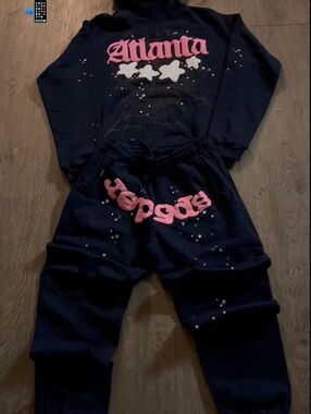 Navy Blue Two-Piece Hoodie & Joggers Set with Pink Graphic